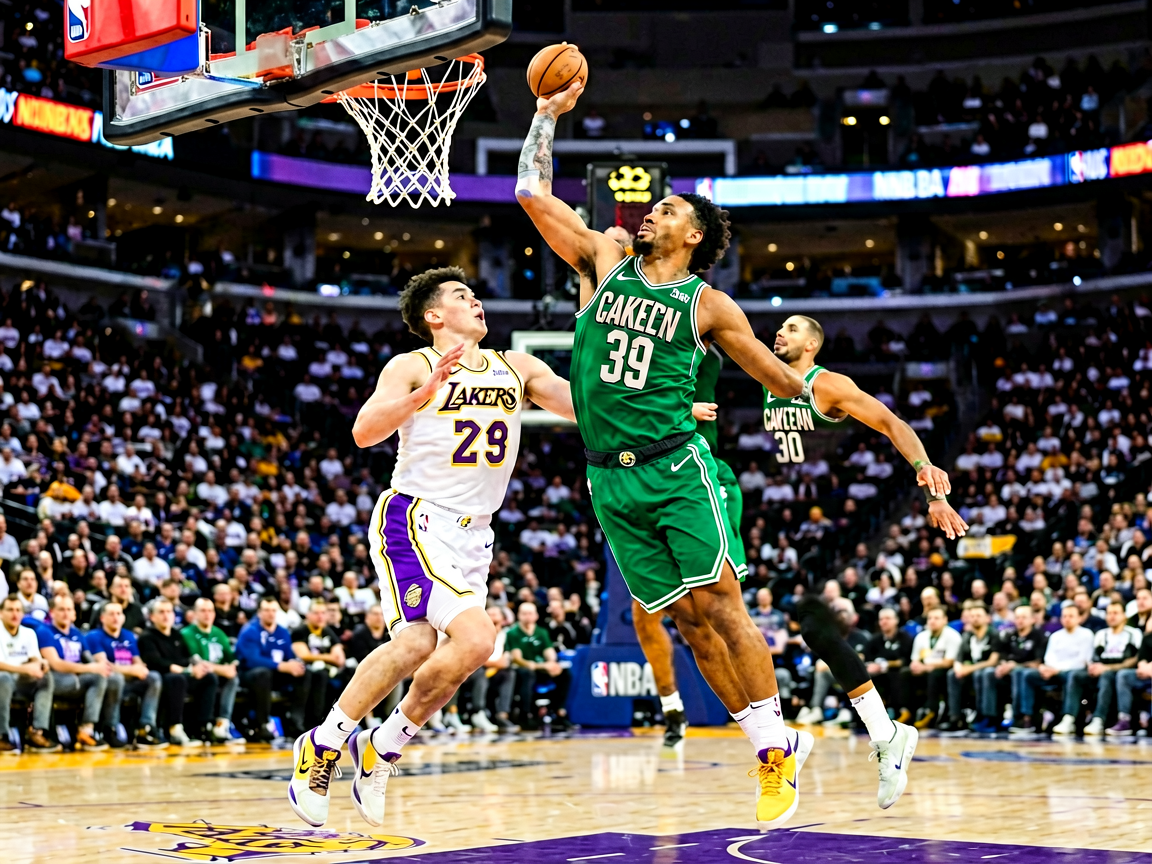 NBA季后赛激烈对抗:球员突破上篮的精彩瞬间